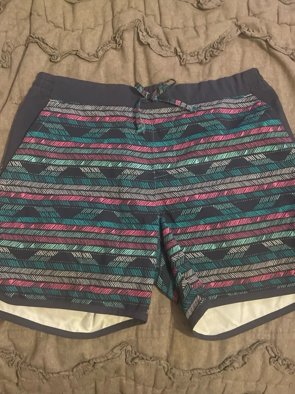 Columbia Kids Navy Swim Trunks with Teal & Pink Stripes